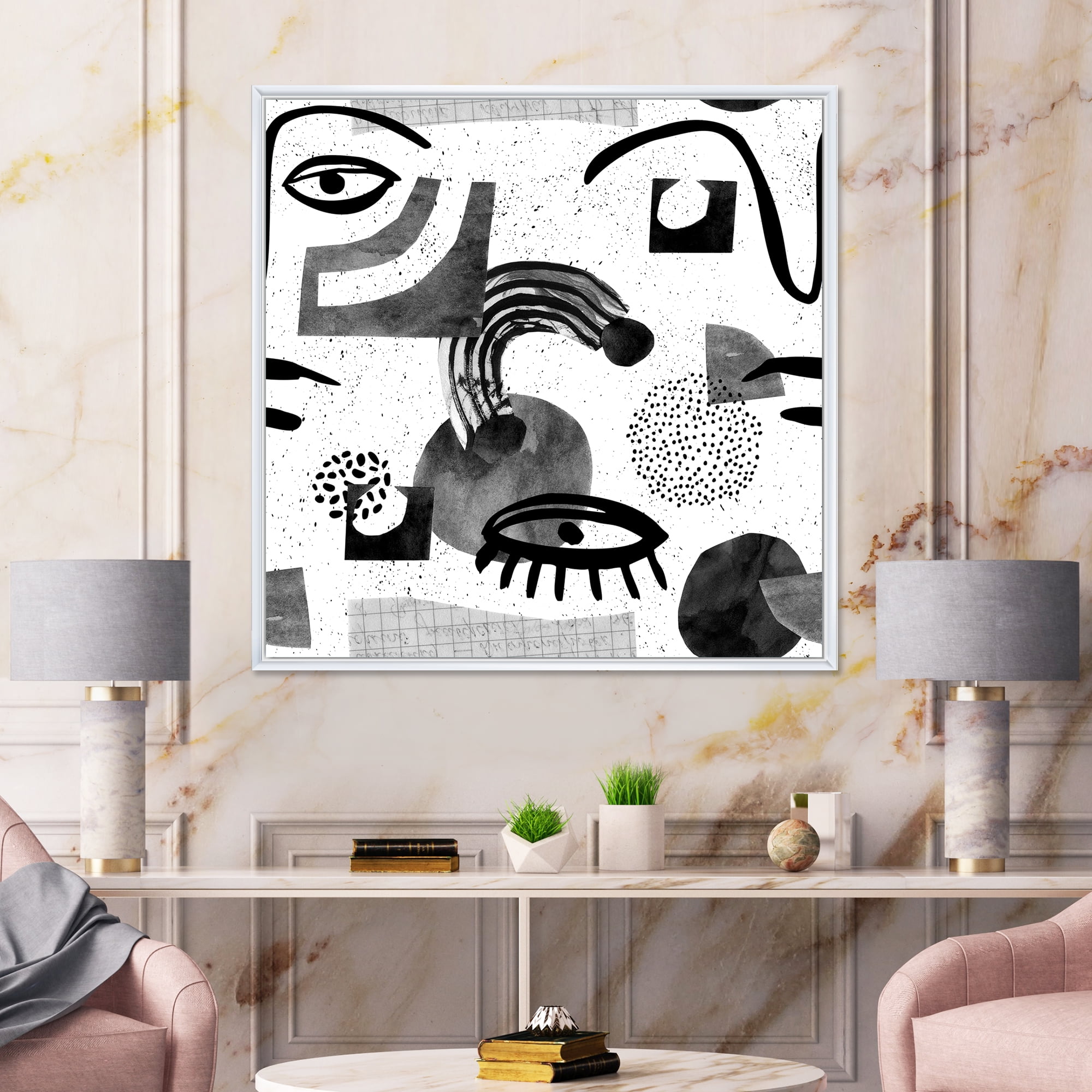 Designart 'Collage of Eyes And Doodles In Contemporary Style II' Modern Framed Canvas Wall Art Print