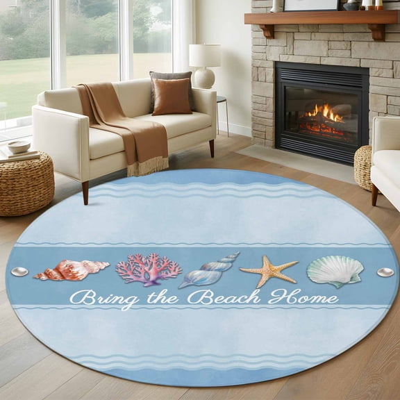 Round Rug 7Ft Washable Non-Slip, Coastal Blue Striped Circle Area Rugs for Living Room Bedroom, Ocean Sea Summer Starfish Coral Shells Indoor Floor Mats Carpet Runner for Home Decor Aesthetic