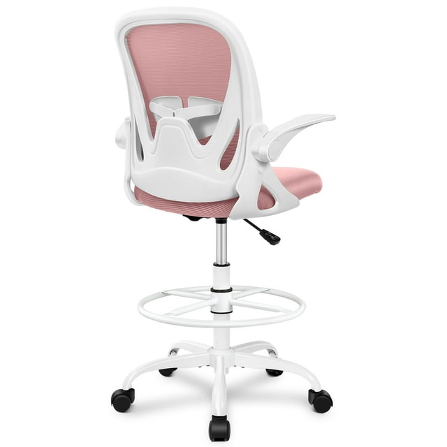 Primy Drafting Chair Silla de oficina alta con reposabrazos abatibles Silla de escritorio ergonómica ejecutiva para computadora con soporte lumbar y anillo de reposapiés ajustable (cuarzo rosa)