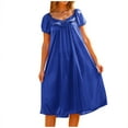thumbnail image 5 of Lorytime Ladies Nightgowns Short Sleeve Long Ice Silk Lace Sleepdress Round Neck Solid Sleepshirts Nightdress Pleated Nightgowns Comfy Soft Lounge House Pajamas Dress Blue, 5 of 5