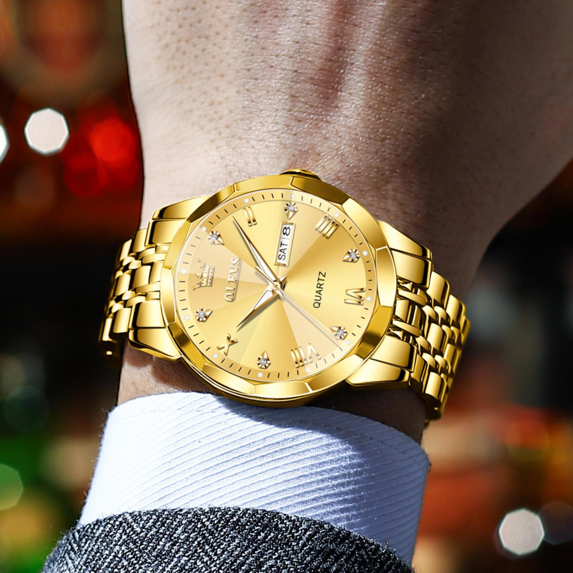 Free Shipping OLEVS Gold Watch for Men Diamond Luxury Casual Dress Stainless Steel Date Quartz Watch Waterproof Luminous Gifts for Men Adult Male Wristwatch Walmart