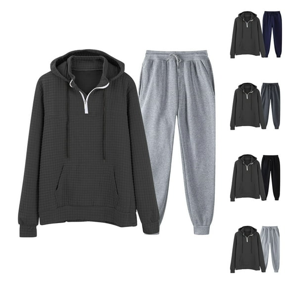 safuny Mens Sweatsuits 2 Piece Set Big Tall Sweatsuits Jogging Suits Hoodie Sweatpants Set Workout Set Pockets Outfits Quarter Zipper Spring Waffle Tracksuits Cotton Black L