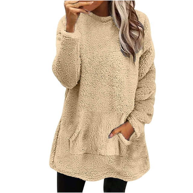 Birdeem Blouse à Manches Longues pour Femmes, Col Rond, en Peluche, Automne et Hiver, Ample, Unie, avec Poche, Chaude