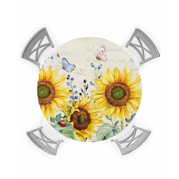 nqOlkjepod Sunflowers Round Tablecloth, Fitted Table Cover with Elastic for 36"-44" Round Tables, Botanical Floral Butterfly Farmhouse Flowers Table Cloth Dinning Party Waterproof Tablecloths