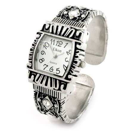 - Silver Black Western Style Decorated Crystal Band Women's Bangle Cuff Watch