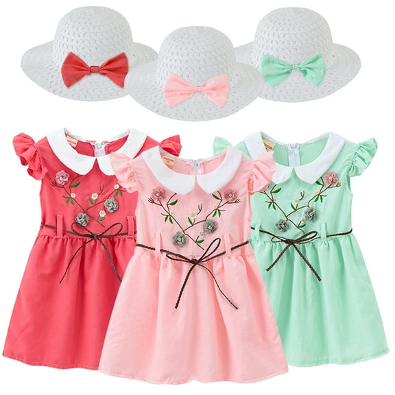 LYMAYTER Toddler Kids Girl Summer Dresses Doll Collar Embroidered Princess Dress hat 2PCS Baby Cotton Casual Dress Sundress for 1-6 Years