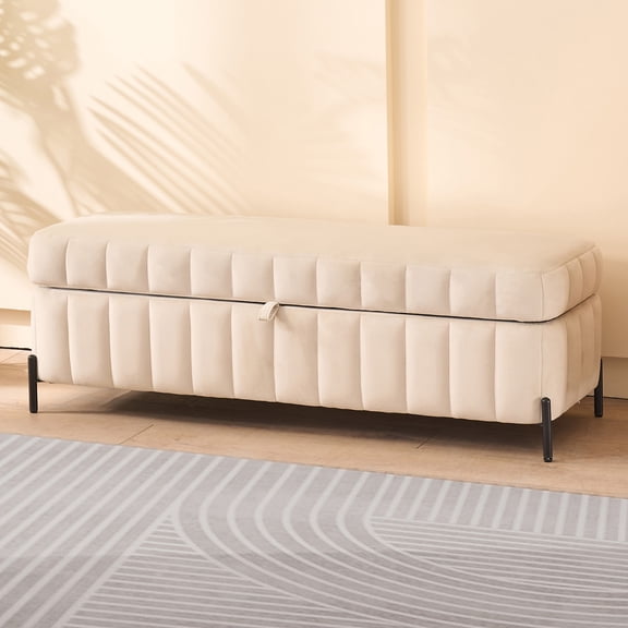 MDQMD 49" Velvet Storage Bench with Hidden Compartment - Multi-Functional Soft Ottoman for Entryway, Bedroom & Living Room (Beige)