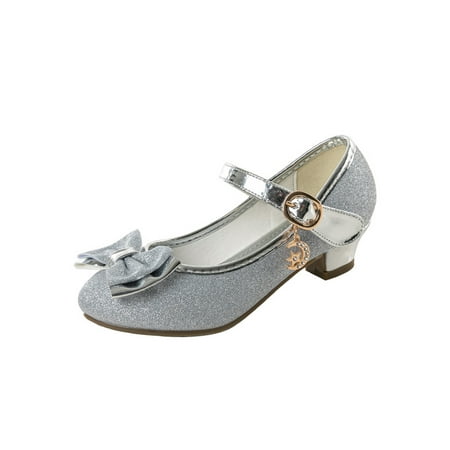 

Kesitin Girls Dress Shoes Sparkle Princess Shoe Glitter Mary Jane Casual Lightweight Uniform Bowknot Silver 11C