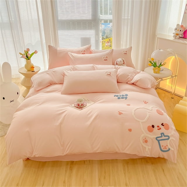 Cute Cartoon Duck Rabbit Bear Decal Children‘s Bedding Set Double Bed Large Duvet Cover Set Bed Sheet Pillowcase Four Piece Set FGS