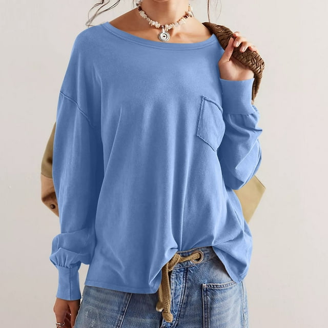 DPTALR Blouses à Manches Longues et Col Rond pour Femmes, Coupe Ample, avec Poche
