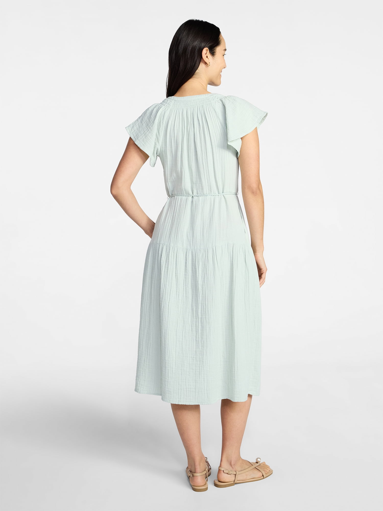Time and Tru Women's Cotton Double Cloth Midi Dress with Short Flutter Sleeves, Sizes XS-XXXL