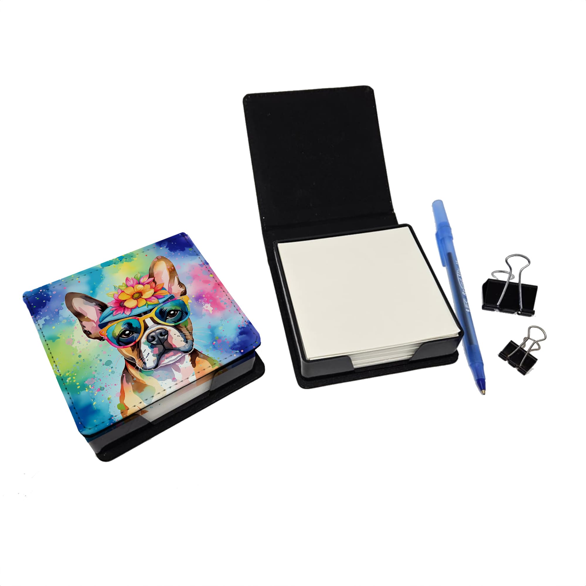 Caroline's Treasures Boston Terrier Hippie Dawg PU Leather Note Paper Holder with Artist-Designed Cover, Desk Accessory, Office Gift