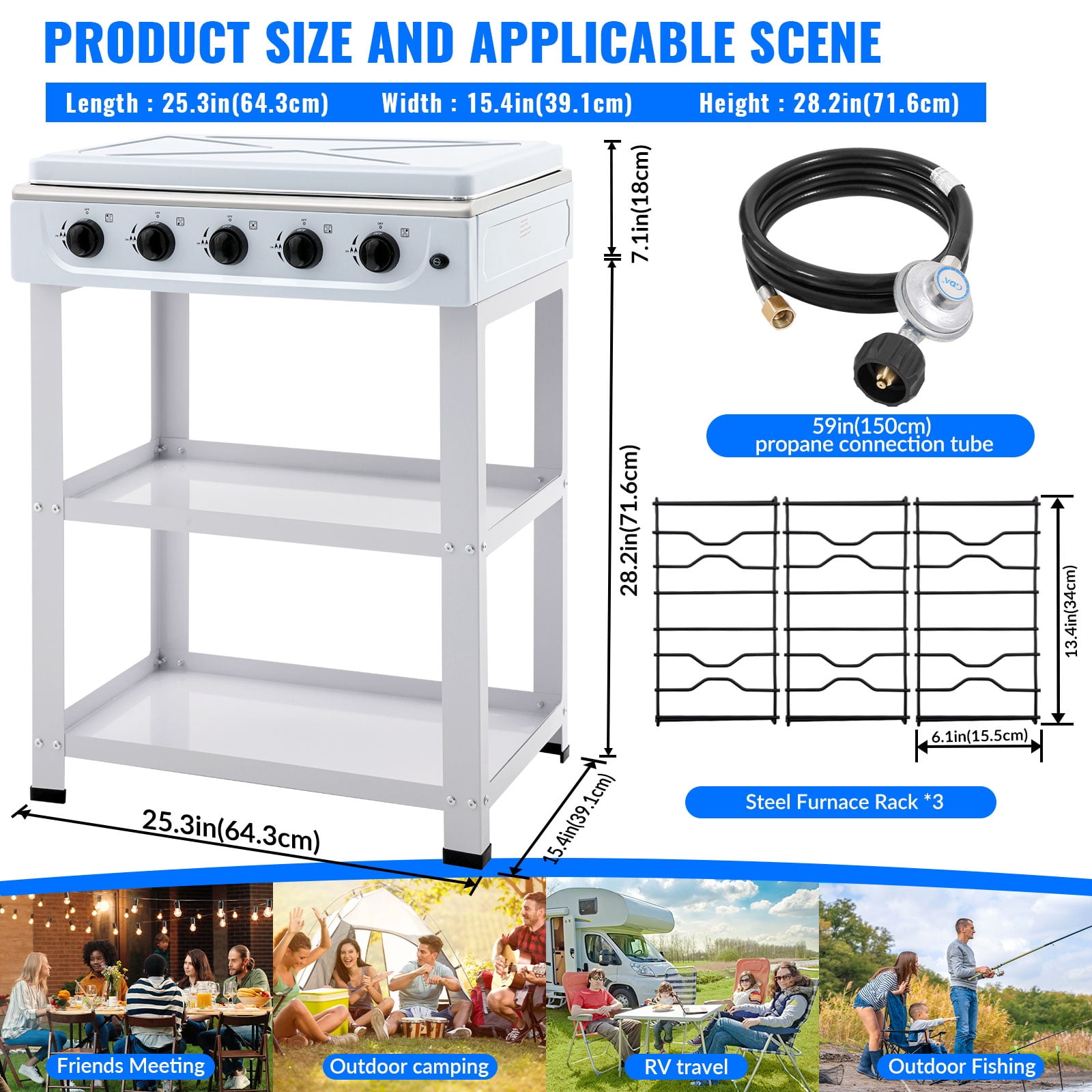 Propane Gas Stove, 5-Burner Propane Burner with Auto Ignition, Portable Gas Stove with Support Leg Stand & Wind Blocking Cover Adapter for RV, Apartment and Outdoor Cooking
