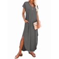 thumbnail image 3 of Summer Casual Maxi Dresses for Women V Neck Cap Sleeve Long Sundress with Pockets Beach Vacation Gray XL, 3 of 8