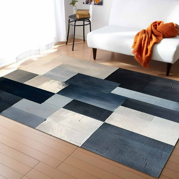 Area Rugs Indoor Non-Slip Rectangle Rug 5x7 Ft Abstract Geometric Distressed Blue Black Grey Color Block Modern Rug Rubber Backing Floor Mats Non Shedding Home Decor Carpet for Entryway Living Room
