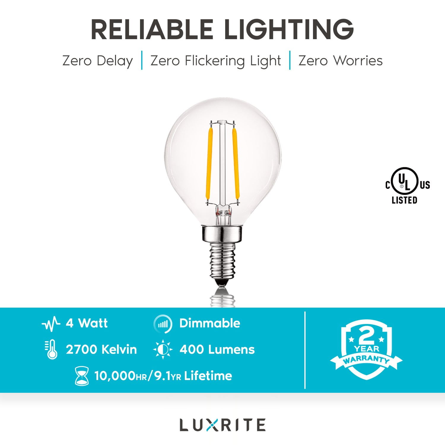 Luxrite G16.5 Edison Dimmable E12 LED Globe Light Bulbs, 4W=40W, 2700K Warm White, 400 Lumens 12-Pack