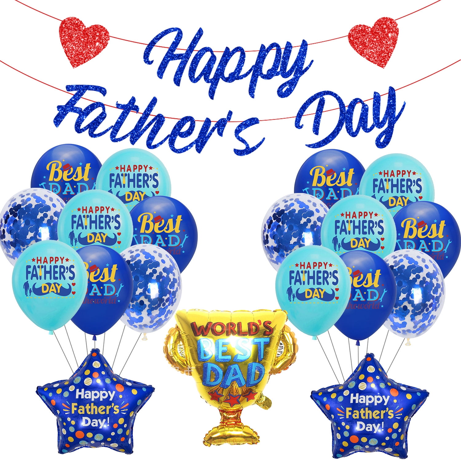 Father's Day Decorations Glitter Blue Happy Father's Day Banner Best Dad Balloons set, for