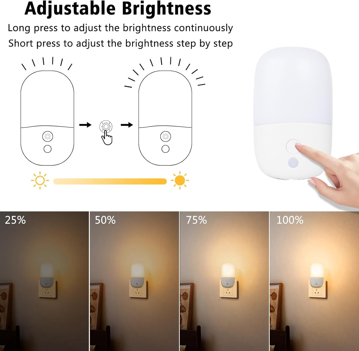 RGHJAR-Night Lights Plug into Wall, 2 Pack Dimmable Night Light with Dusk to Dawn Light Sensors, Warm White LED Nightlights for Bathroom Bedroom Kitchen Hallway Stairs