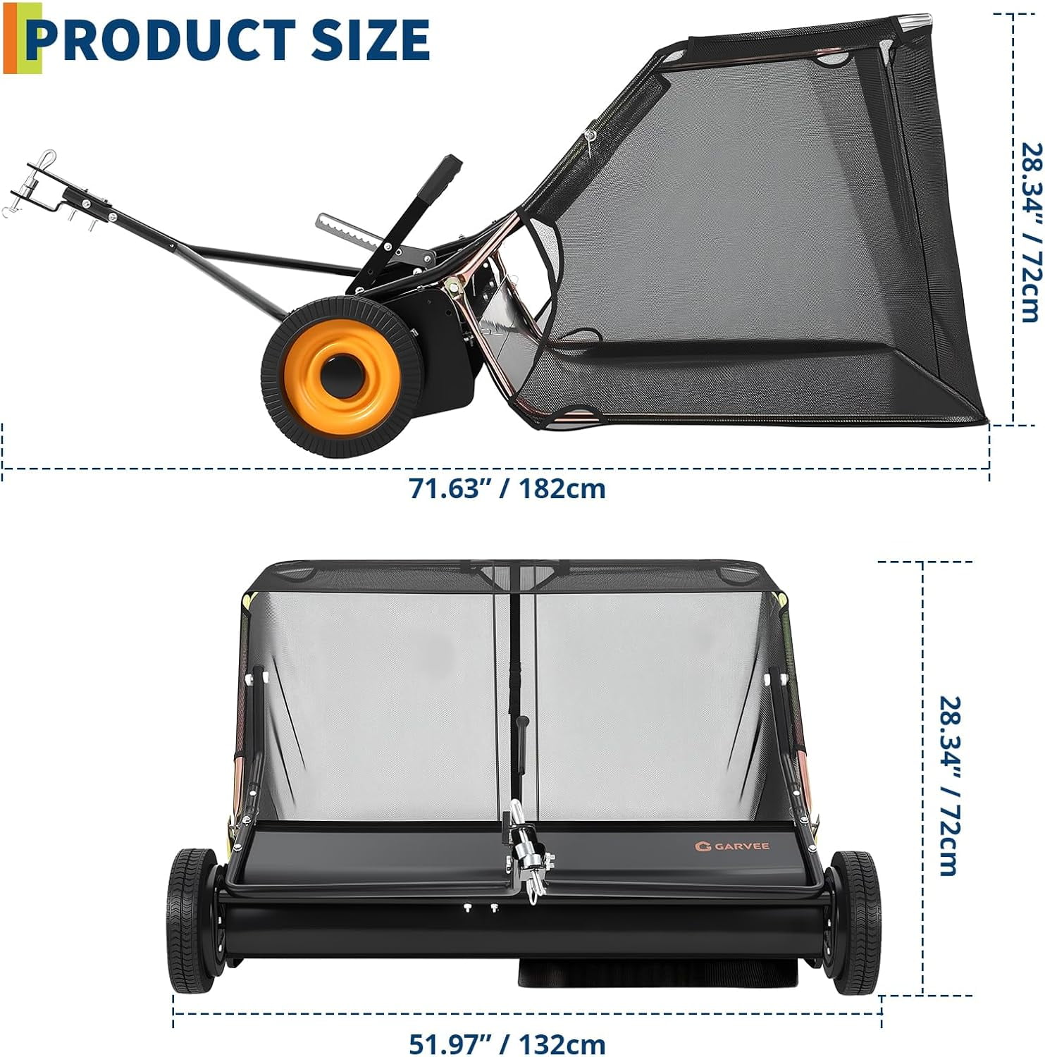 Garvee Tow Behind Lawn Sweeper, 44 Inch Pull Behind Lawn Sweeper, 26 cu. ft Large Hopper Leaf Collector, Heavy Duty Yard Sweeper with Adjustable Brush Height Lever for Yard and Grass Cleanup Tool