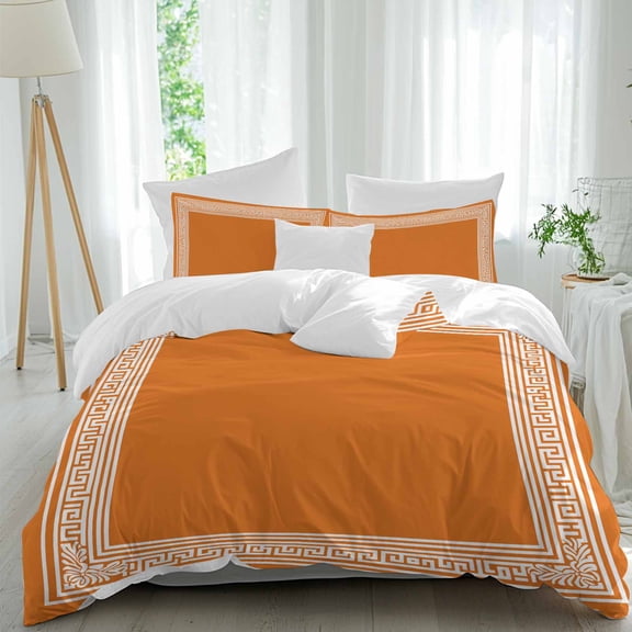 3 Piece Burnt Orange Geometric Duvet Cover Set Full Size, Microfiber Comforter/Quilt Cover with Corner Ties and 2 Pillowcases, Country Greece Key Art All Season Soft Bedding with Zipper Closure