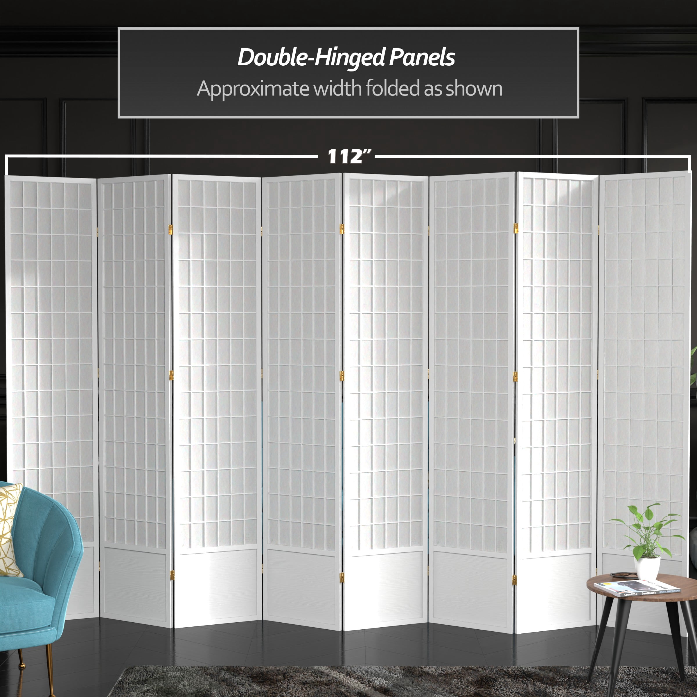 Red Lantern 7 ft. Tall Window Pane Shoji Screen - White - 8 Panels