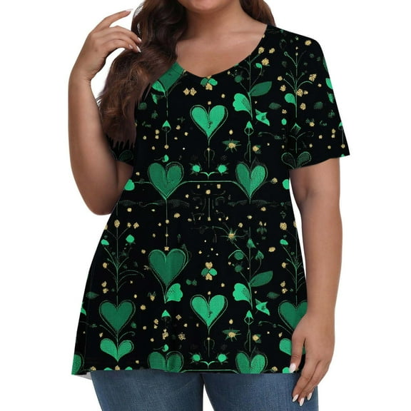 QUNYINEY Womens Tops Trendy Short Sleeve Love Heart Crew Neck Casual Shirts Plus Size Loose Pullover Tops
