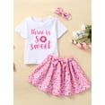 thumbnail image 2 of Bagilaanoe 3Pcs Toddler Baby Girls Birthday Outfits Letters Print Short Sleeve Romper / T-Shirts Tops + Skirt + Headband 9M 12M 18M 24M 30M Kids Casual Skirt Set, 2 of 8