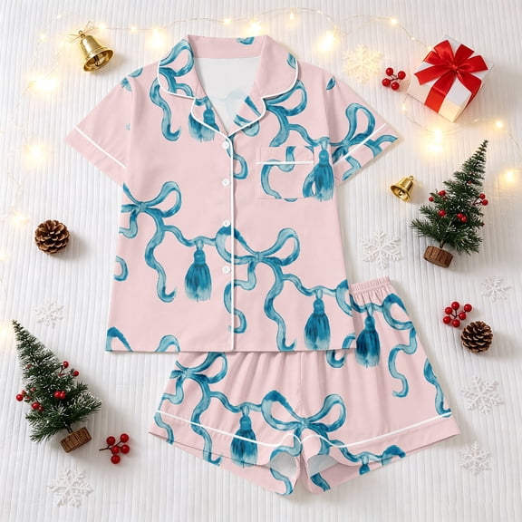 Womens Christmas Cute Pajamas Set Short Sleeve Xmas Print Tops Shorts Set Button Down Fashion Loungewear Set Pjs Gifts for Wife