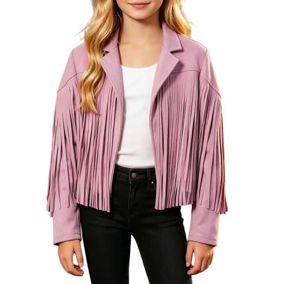 Vdoaml Girls Fringe Suede Jacket Kids Open Front Lapel Cropped Western Outerwear Children Long Sleeve Cowboy Coat 7-8 Years Pink