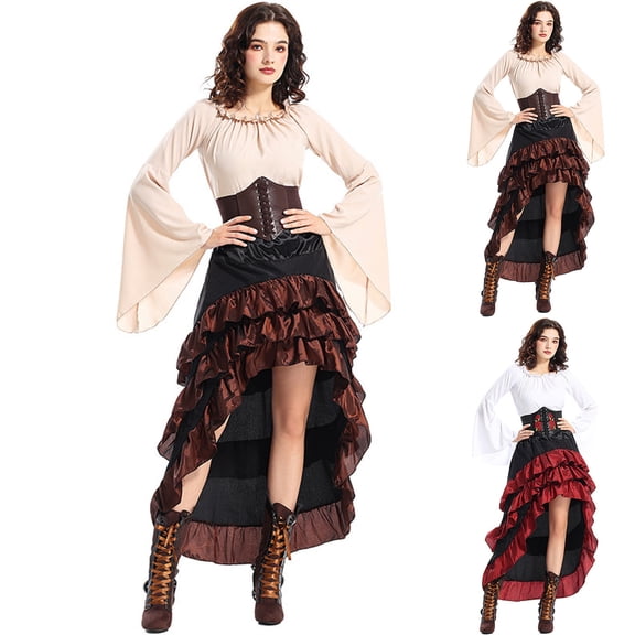 Renaissance Pirate Cosplay Outfit, Steampunk Renaissance Pirate Costume Outfit, Bell Long Sleeve Blouse High Low Ruffle Corset Skirt, Gothic Medieval Pirate Cosplay Dress for Halloween, Complexion L