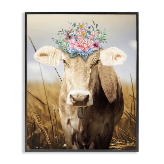Stupell Industries Chatty Belle Cow with Florals Black Framed Giclee Art, design by Marcus Prime