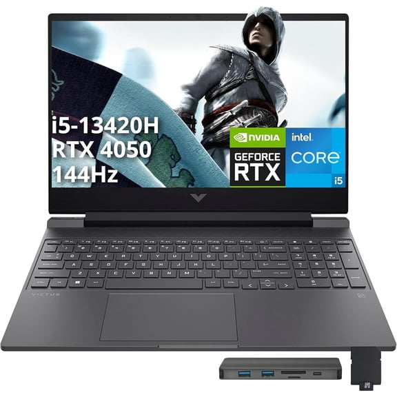 HP Victus 15,6 Po 144 Hz Portable de Jeu FHD, Intel i5-13420H, 32 Go de RAM, SSD PCIe 1 To, NVIDIA GeForce RTX 4050, Clavier Rétroéclairé, Wi-Fi 6, Caméra Web, Win 11, Mica Argent, Ensemble Station d'Accueil 256 Go