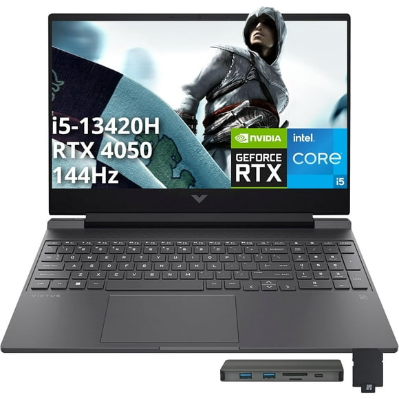 HP Victus 15.6" 144Hz FHD Gaming Laptop, Intel i5-13420H, 16GB RAM, 512GB PCIe SSD, NVIDIA GeForce RTX 4050, Backlit Keyboard, WiFi 6, Webcam, Win 11, Mica Silver, 256GB Docking Station Set