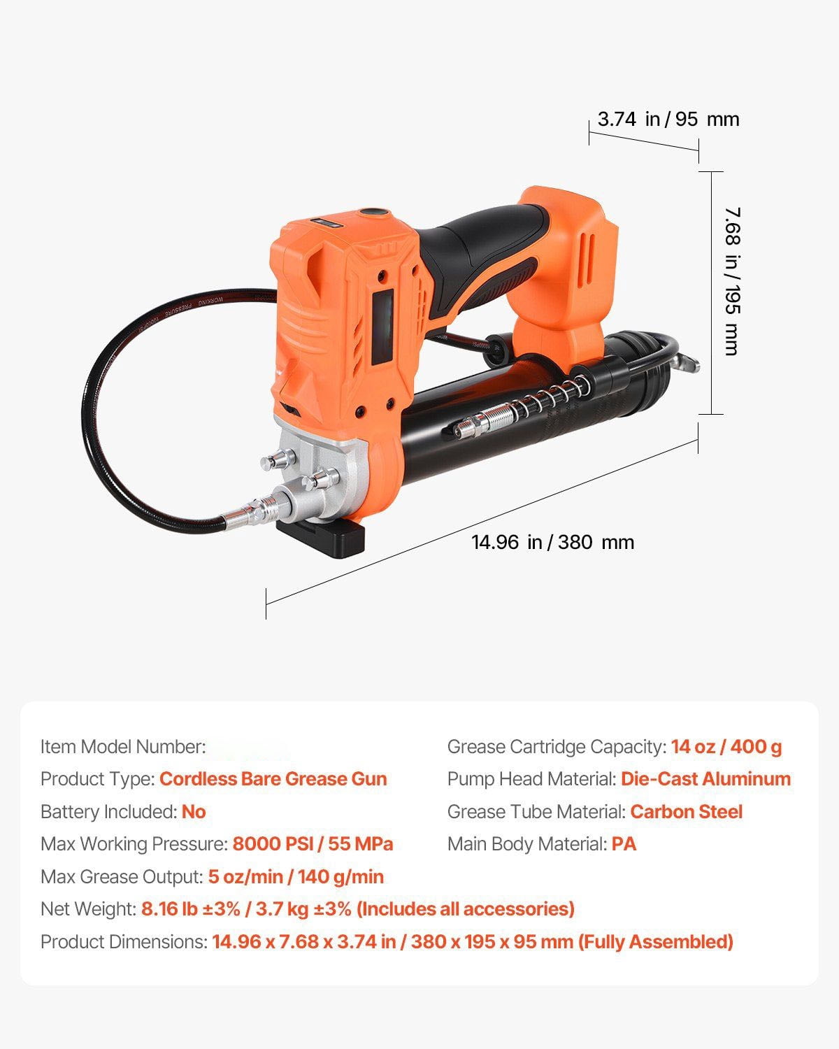 Cordless Grease Gun 80,000 PSI 20V Battery Operated Grease Gun (Tool Only)