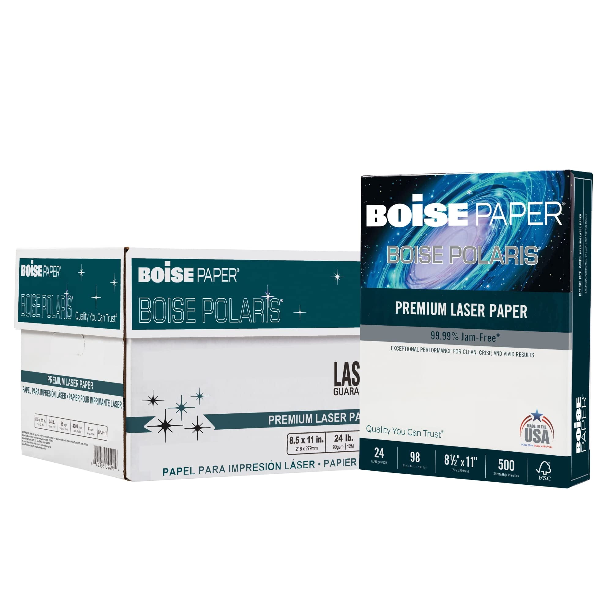 Boise POLARIS® Premium Laser Paper, Letter Paper Size, 98 Brightness, 24 Lb, FSC® Certified, White, 500 Sheets Per Ream, Case Of 8 Reams