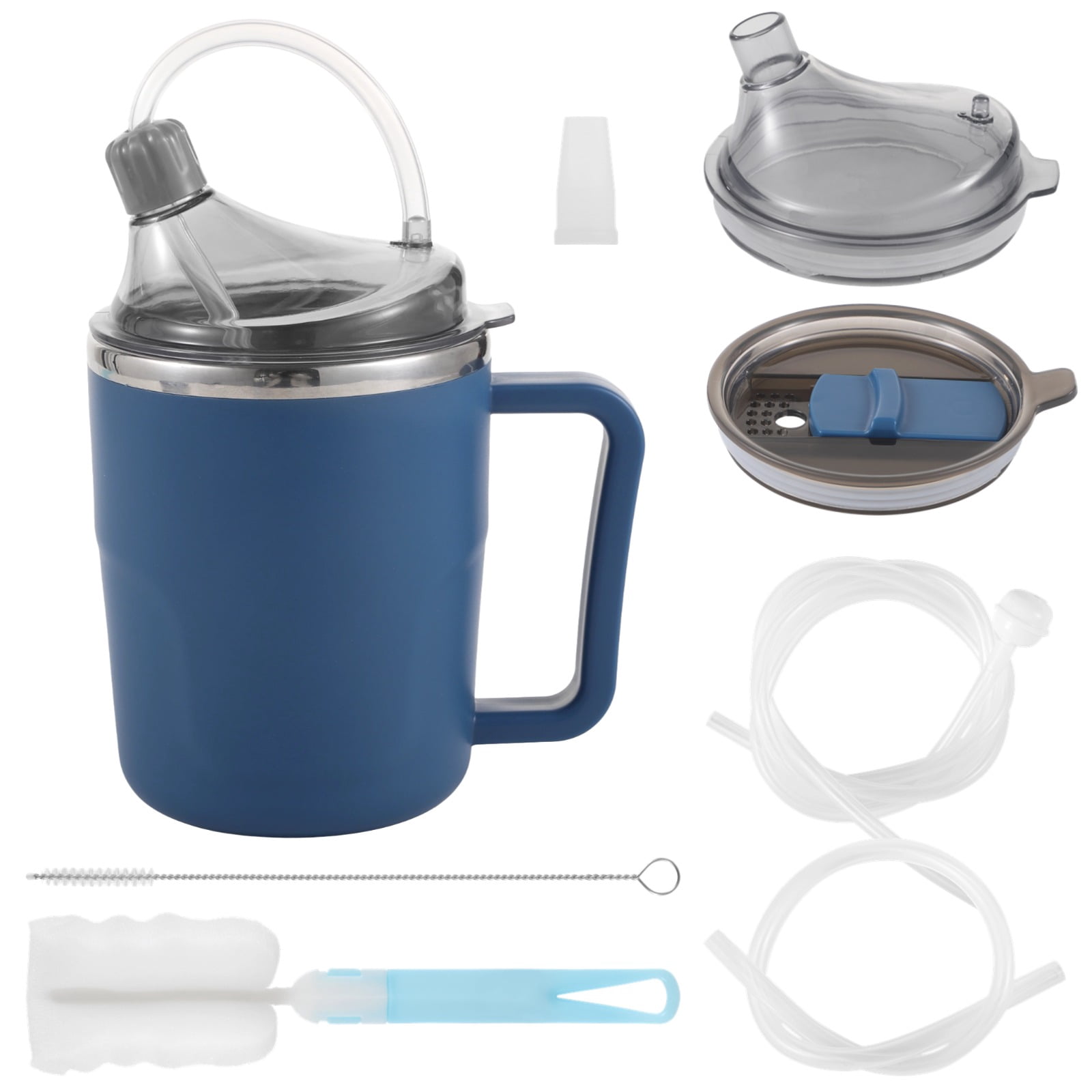 Spill-Proof Cup for Elderly, 13.5 oz Adult Sippy Cup, Non-Spill Feeding Cup with Straws & Brushes, Leakproof Porridge Mug, 3-in-1 Care Mug for Bedridden Patients