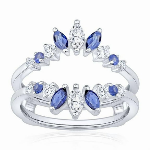 Marquise Blue Sapphire & White CZ Ring Guard in 925 Sterling Silver – Crown Enhancer Wrap Wedding Band – Double Chevron Ring Jacket for Women