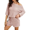 thumbnail image 3 of 2 PCS Off Shoulder Women's Outfits Sweater Sets Knit Top Shorts Matching Suits Cute Pajama Lounge Set, 3 of 6