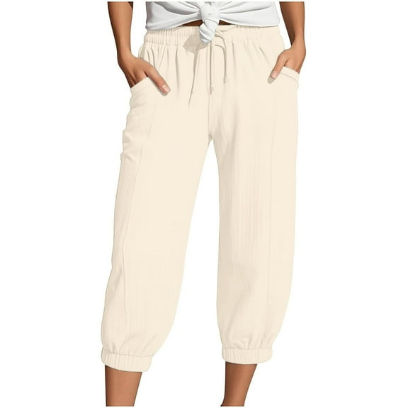 XIAOCHA Womens Pants Drawstring Elastic Waist Cropped Tapered Trousers Pure Color With Pockets Simple Long Sweatpants