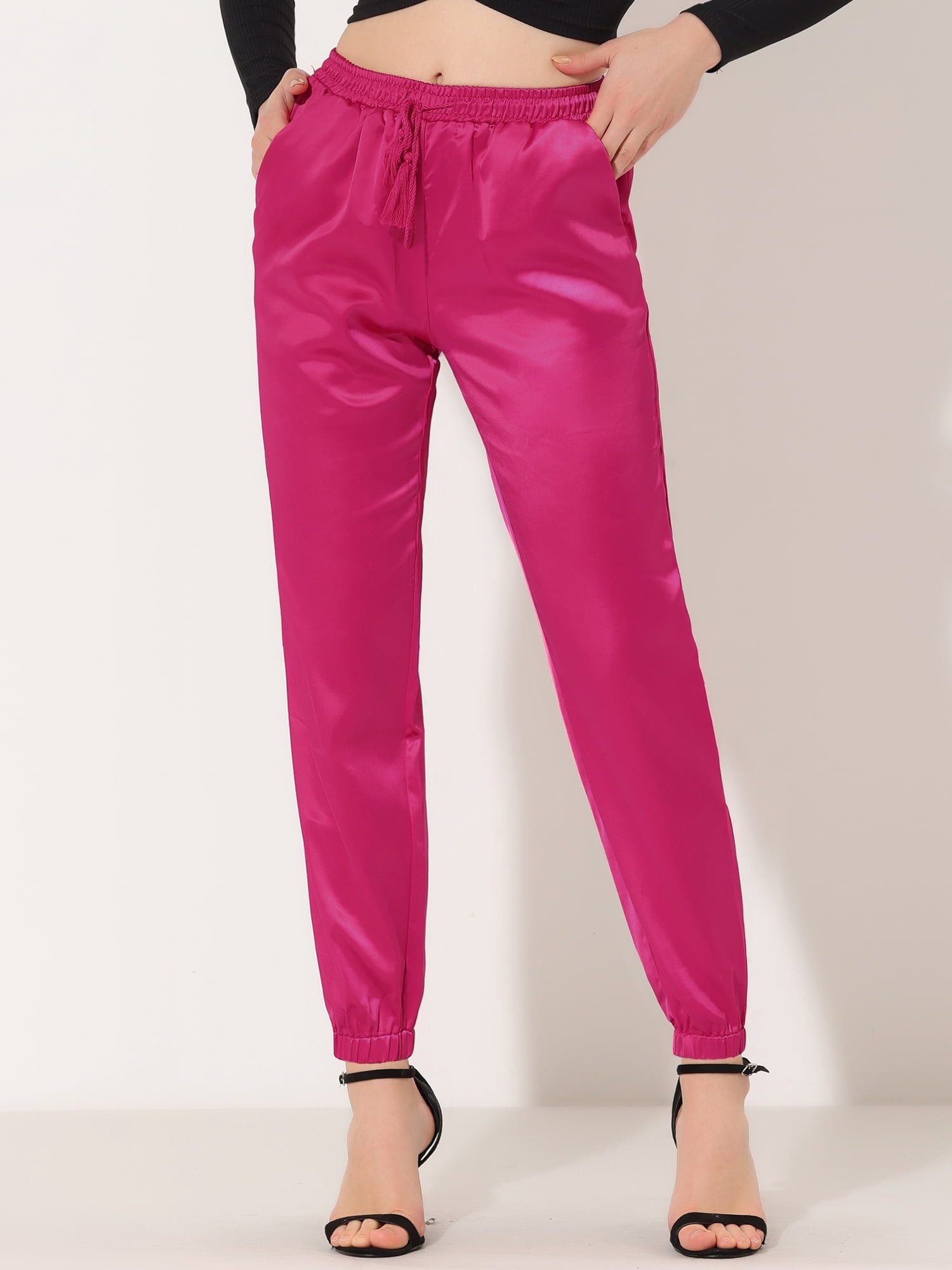 DARING DIVA Women's Satin Straight Leg Ankle Length Joggers Large Hot Pink