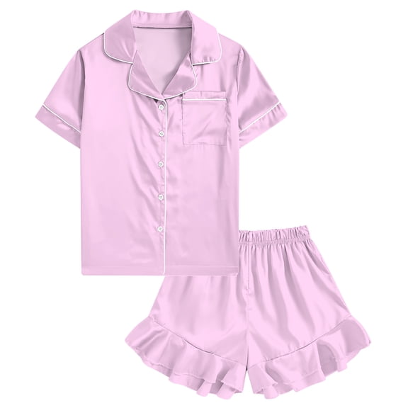 Aideaone Girls Satin Pajama Set Short Sleeve Button Down Silk Sleepwear 2 Piece Summer Loungewear for Child Girl 6-14Y