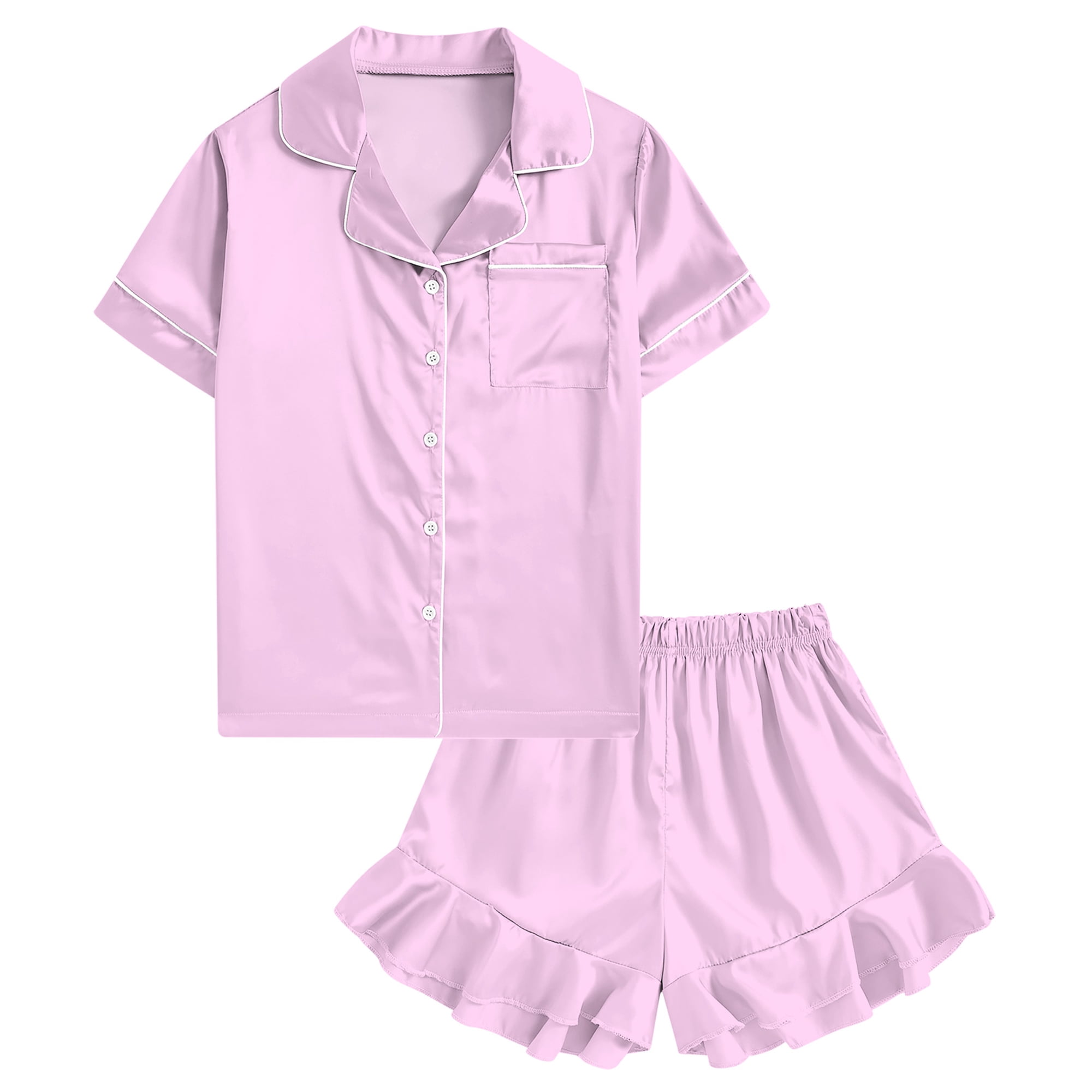 Aideaone Girls Satin Pajama Set Short Sleeve Button Down Silk Sleepwear 2 Piece Summer Loungewear for Child Girl 6-14Y