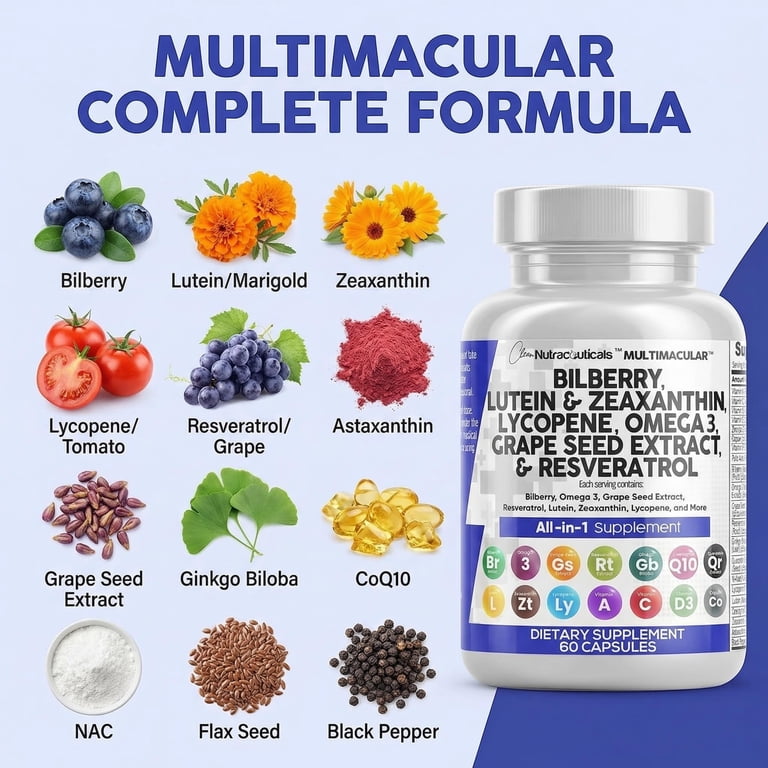 advanced eye care with lutein 40mg bilberry 260mg l-glutathione 50mg Clean Nutra Vitamins and Zeaxanthin Supplements Lycopene Resveratrol Grape Seed Astaxanthin for Eyes BPC-157 10mg • RTT