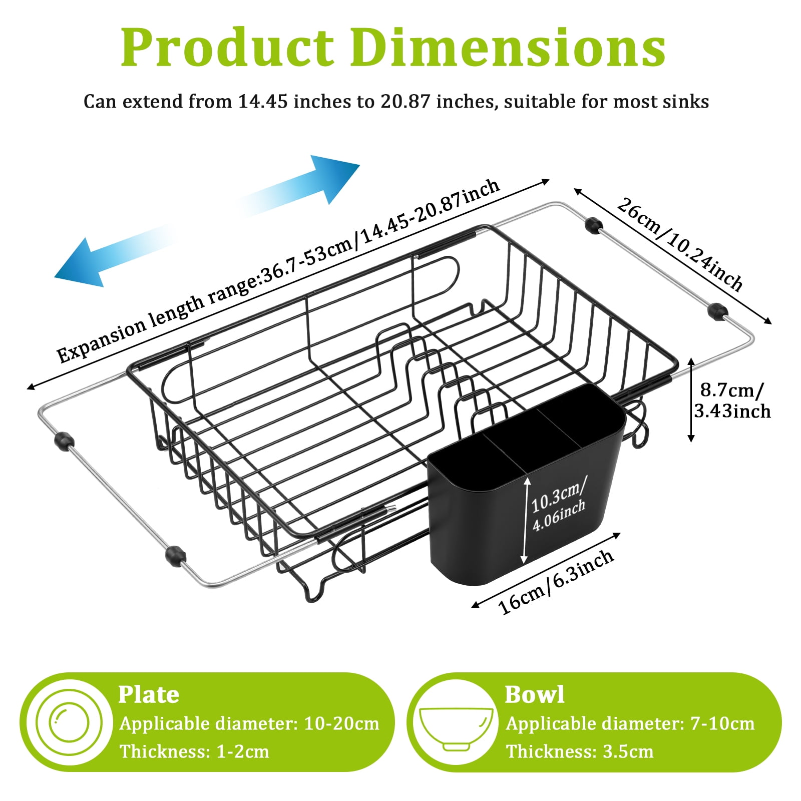 Expandable Dish Drying Rack in Sink Adjustable Stainless Steel Dish Drainer Over The Sink with Utensil Holder for Kitchen Sink, 14.5"~20.9" L x 10.2"W