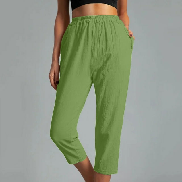 Jsaierl Linen Capris for Women Cotton Stretch Elastic High Waisted Flowy Capris with Pockets Plus Size Summer Solid Color Pants