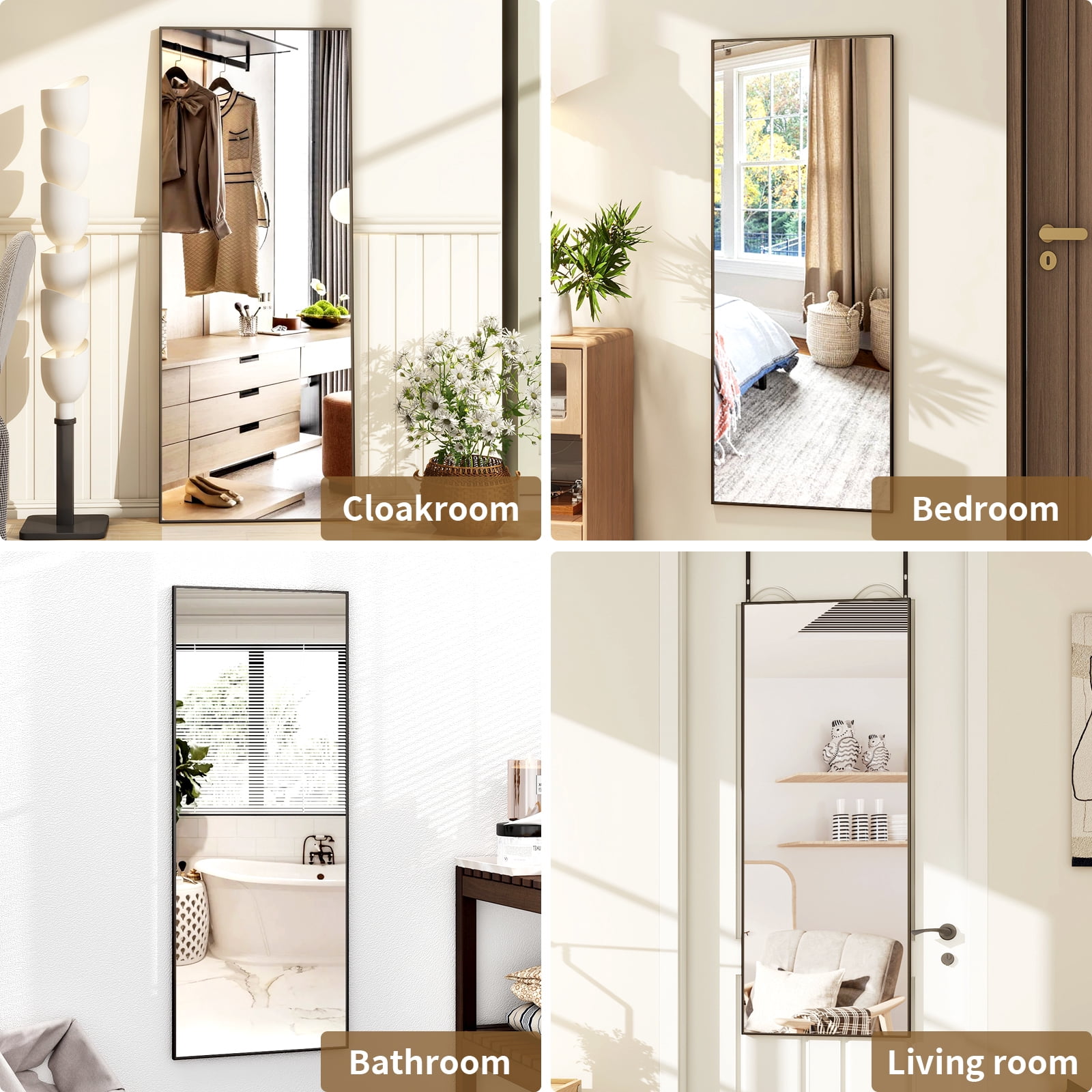 Anyrose 48"x14" Full Length Mirror Over The Door Mirror Wall Mounted, Black