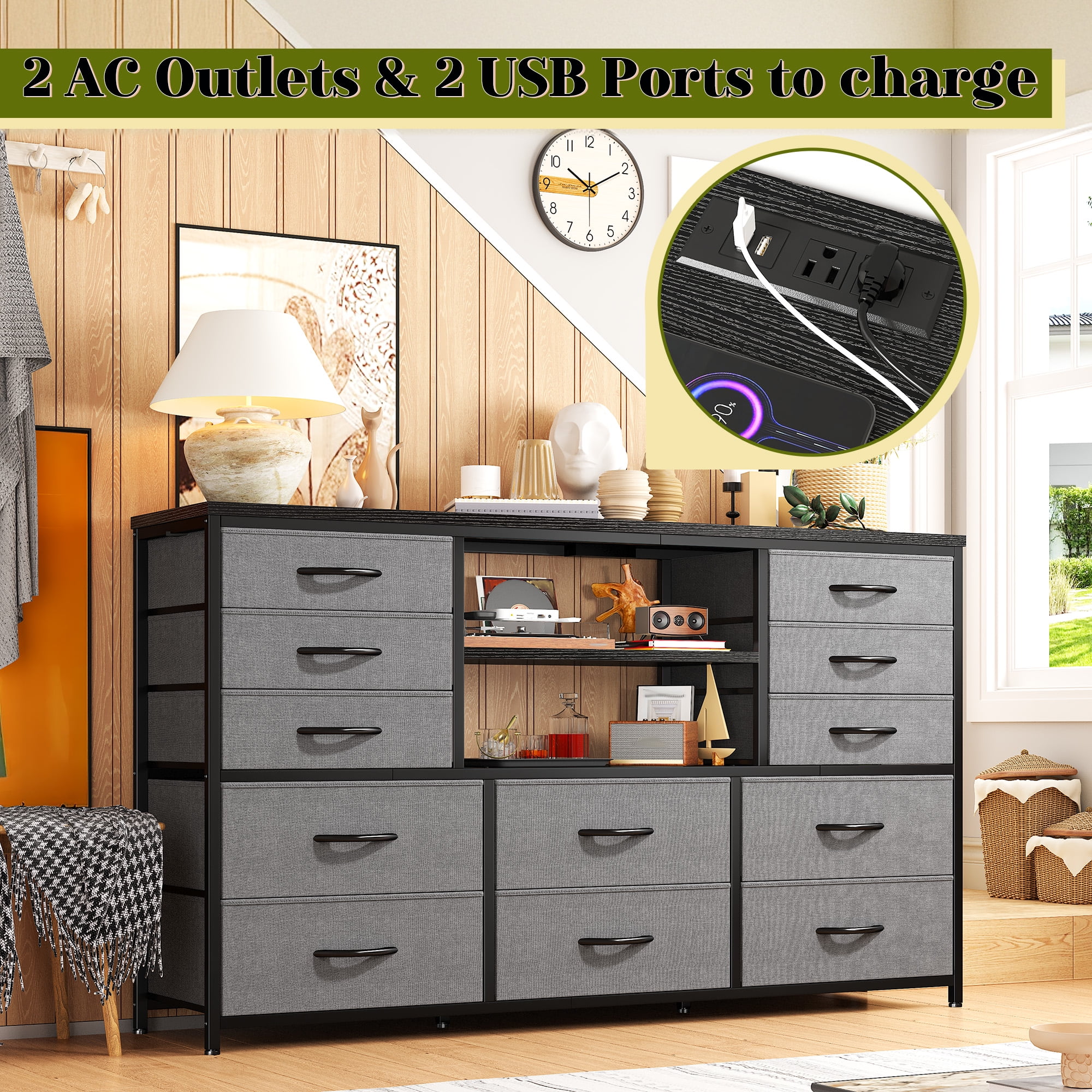 EnHomee Wide Dressers for Bedroom TV Stand for Living Room LED 12 Fabric Drawers Storage Dresser with Power Outlet,49.2''L Grey