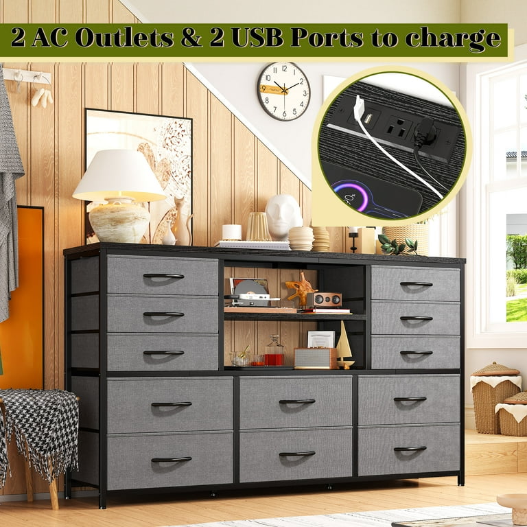 grey media dresser EnHomee Wide Dresser Chest for Bedroom and Living Room TV Stand with 12 Fabric Drawers, Power Outlet, LED Lighting, 49.2''L Grey