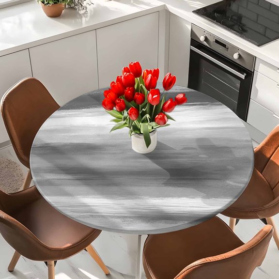 Abstract Gray Elastic Fitted Round Tablecloth Modern Watercolor Textures Waterproof Outdoor Table Cover for Holiday Party, Picnic, Patio & Dining Fits Tables Up to 55"-60"