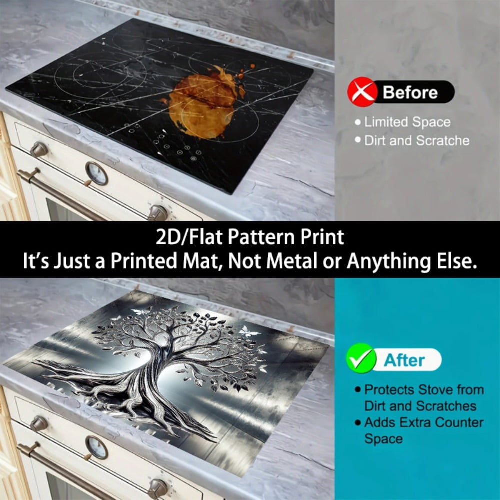1 2D/flat stove cover protection pad, with a silver-black butterfly decorative tree pattern design, 28.3x20.5 inches (72×52cm), easy to clean, perfectly suitable for any kitchen, washing machine, dry